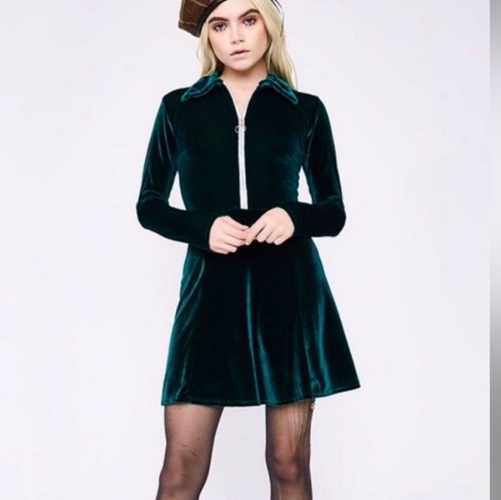 Valfre Green Velvet Half Zip Skater Dress
